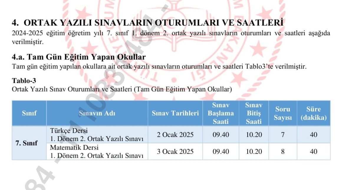 2024-2025 Eğitim Öğretim Yılı 2. Ortak sınavlar takvimi